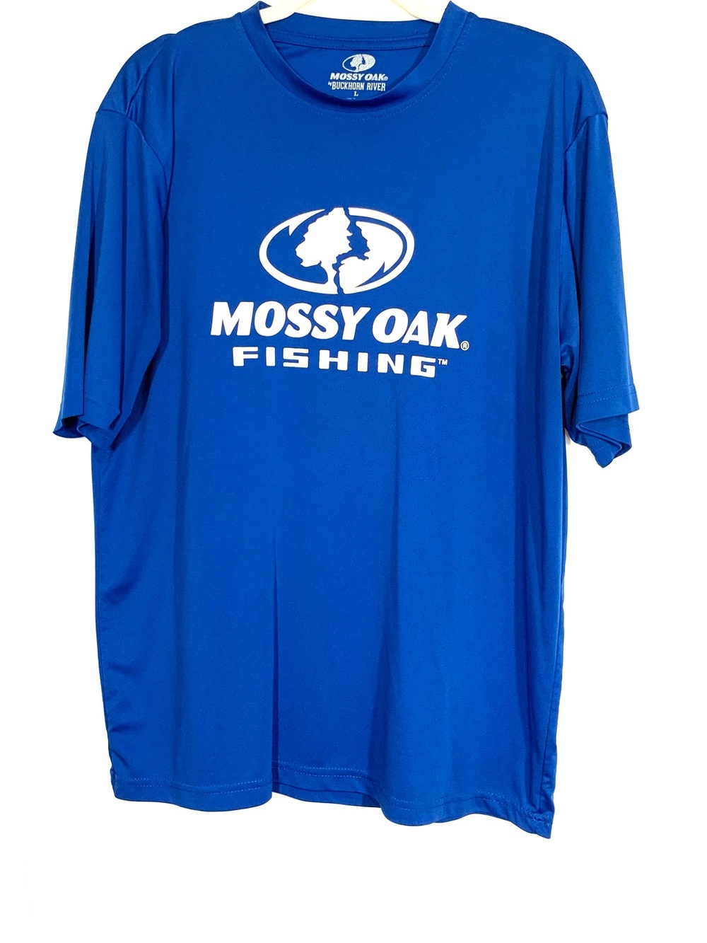 Mossy Oak Blue Short Sleeve Fishing Tee with White Logo